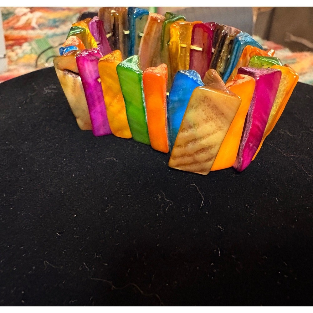 Multicolor‎ Shell Stretch Bracelet Iridescent Rectangular Tile Boho Statement